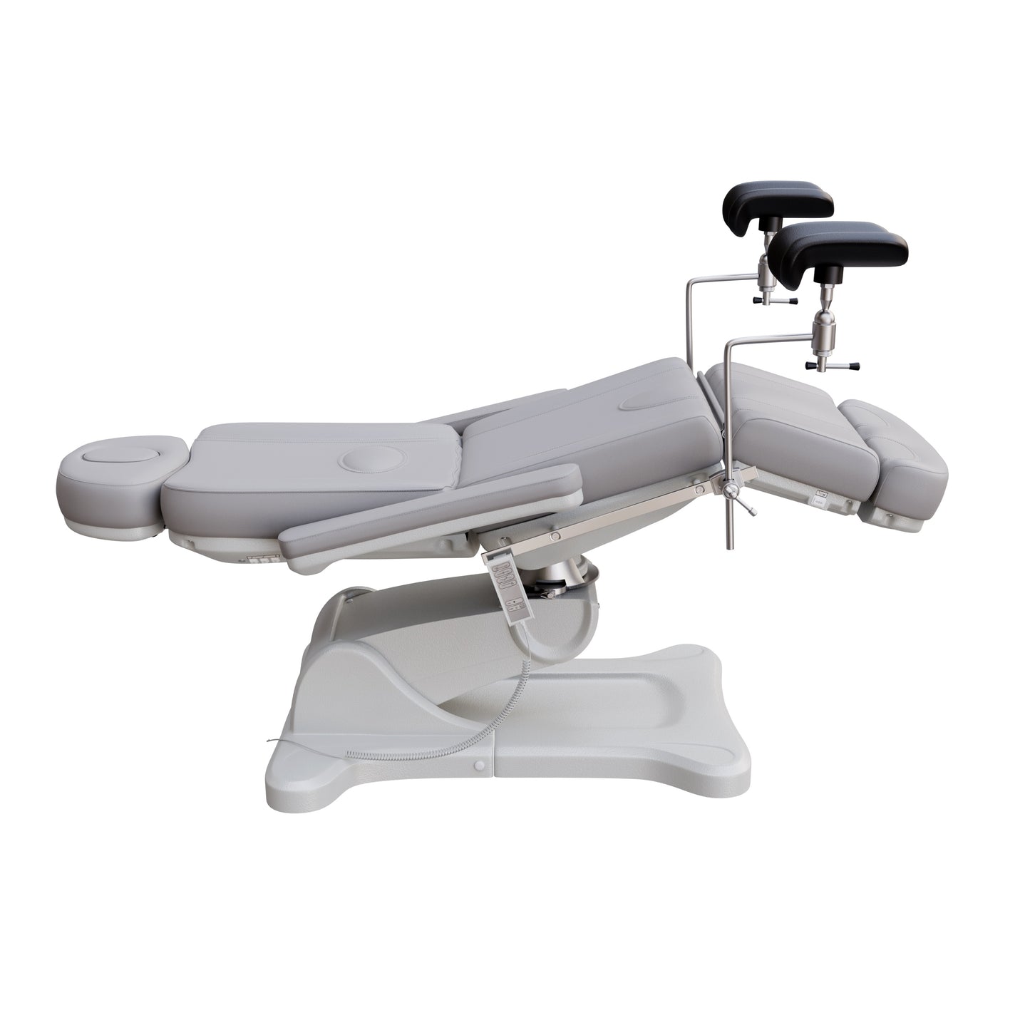 Fully electric Spa Numa OB-GYN swivel treatment chair with removable stainless-steel stirrups, extendable headrest, 240-degree rotation, and PU vinyl upholstery.