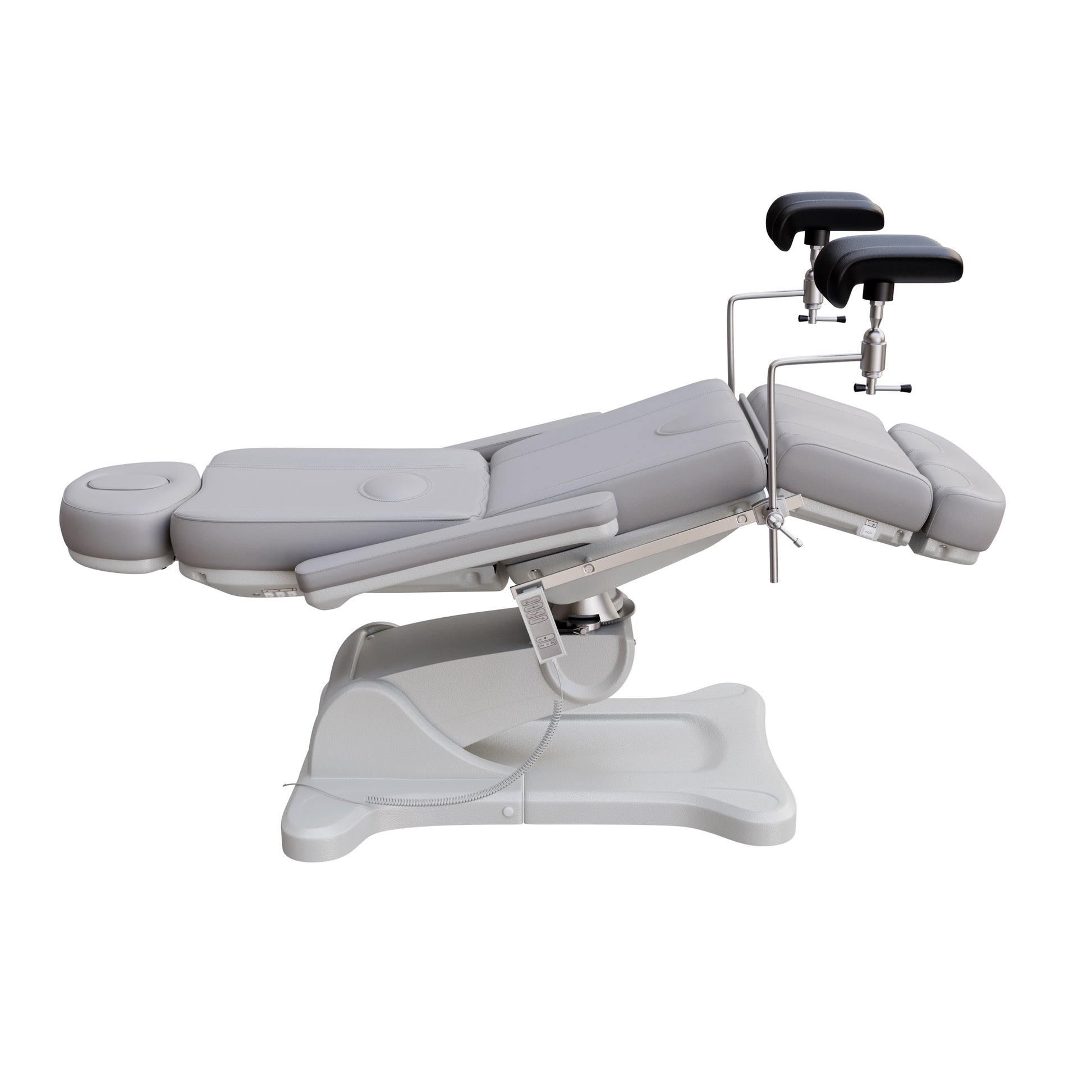 Fully electric Spa Numa OB-GYN swivel treatment chair with removable stainless-steel stirrups, extendable headrest, 240-degree rotation, and PU vinyl upholstery.