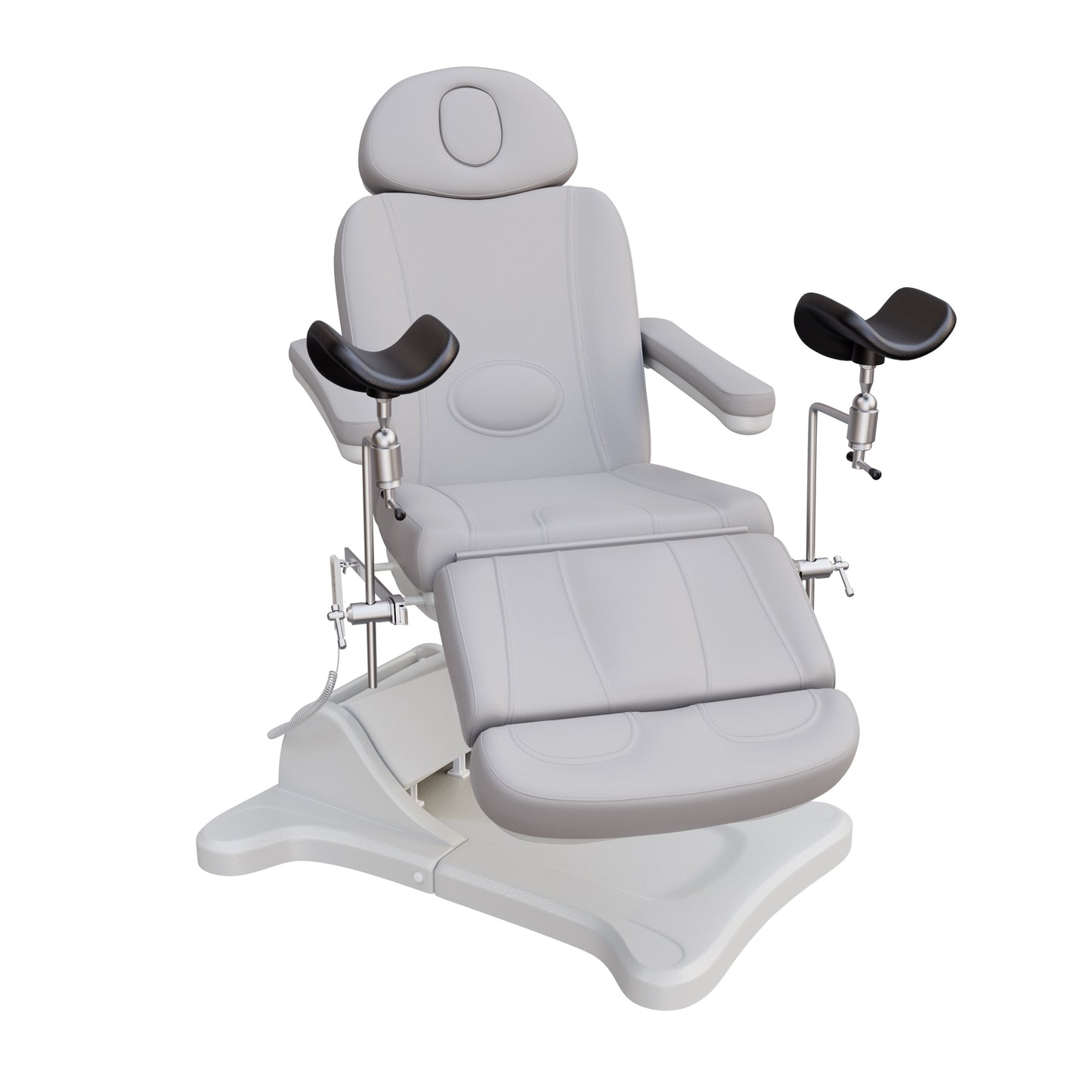 Fully electric Spa Numa OB-GYN swivel treatment chair with removable stainless-steel stirrups, extendable headrest, 240-degree rotation, and PU vinyl upholstery.