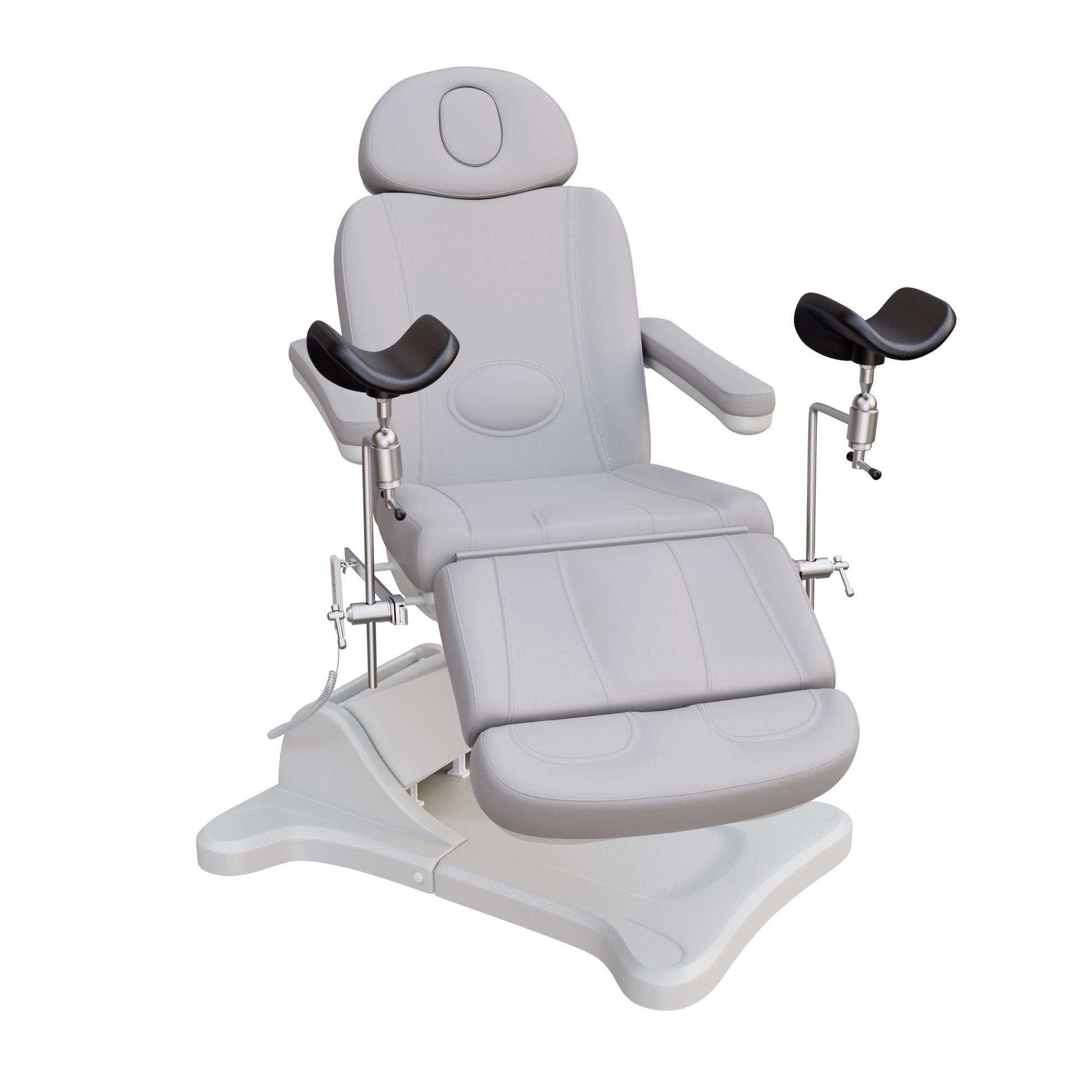 Fully electric Spa Numa OB-GYN swivel treatment chair with removable stainless-steel stirrups, extendable headrest, 240-degree rotation, and PU vinyl upholstery.