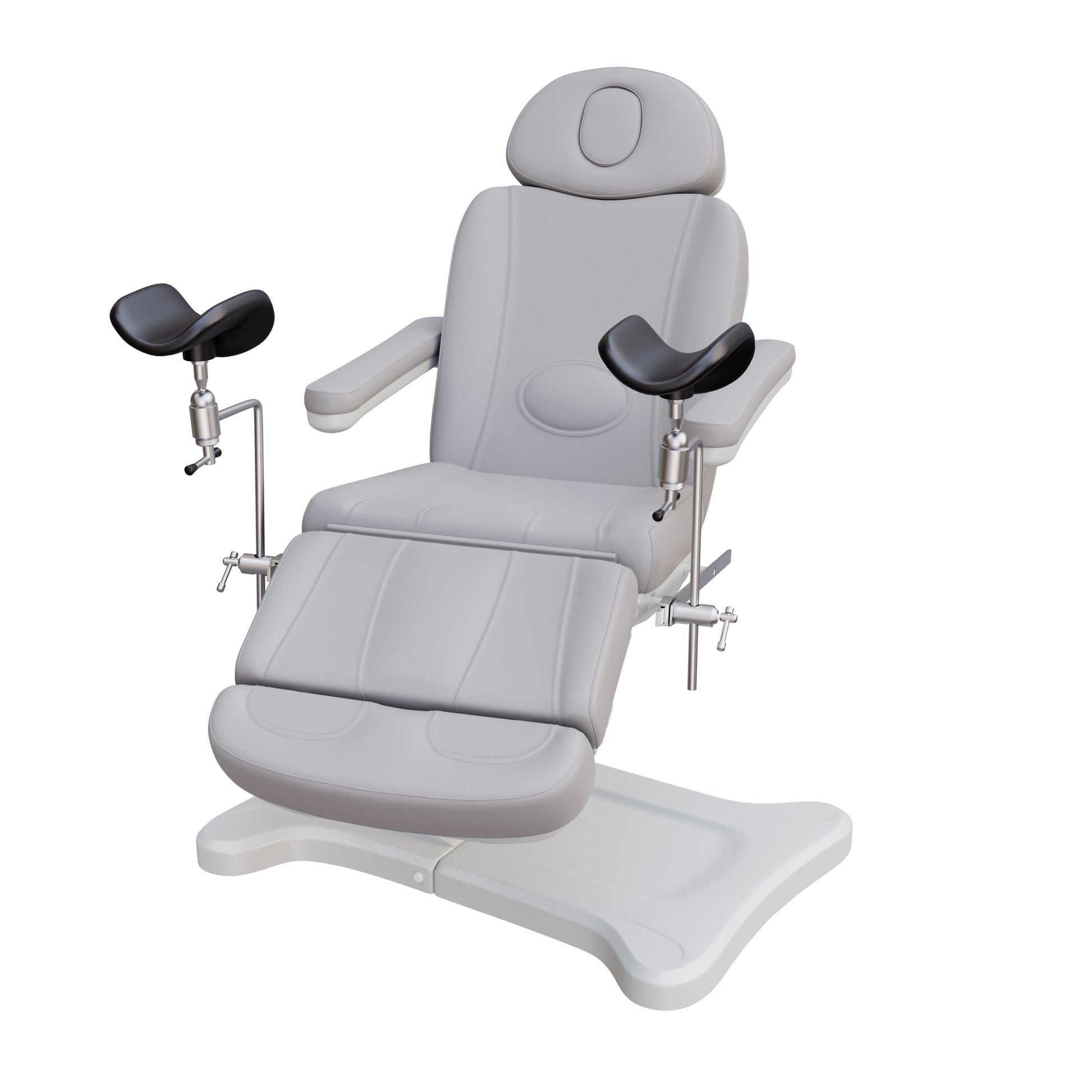Fully electric Spa Numa OB-GYN swivel treatment chair with removable stainless-steel stirrups, extendable headrest, 240-degree rotation, and PU vinyl upholstery.