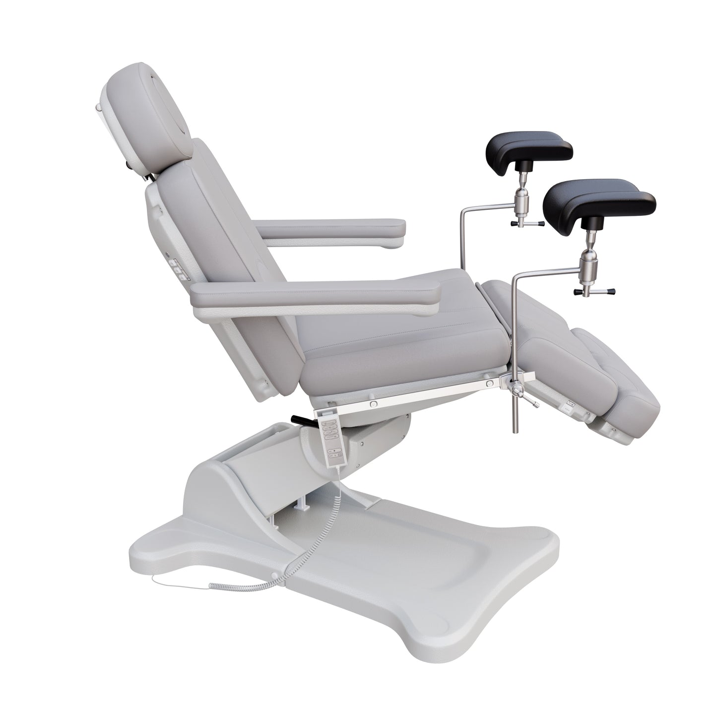 Fully electric Spa Numa OB-GYN swivel treatment chair with removable stainless-steel stirrups, extendable headrest, 240-degree rotation, and PU vinyl upholstery.