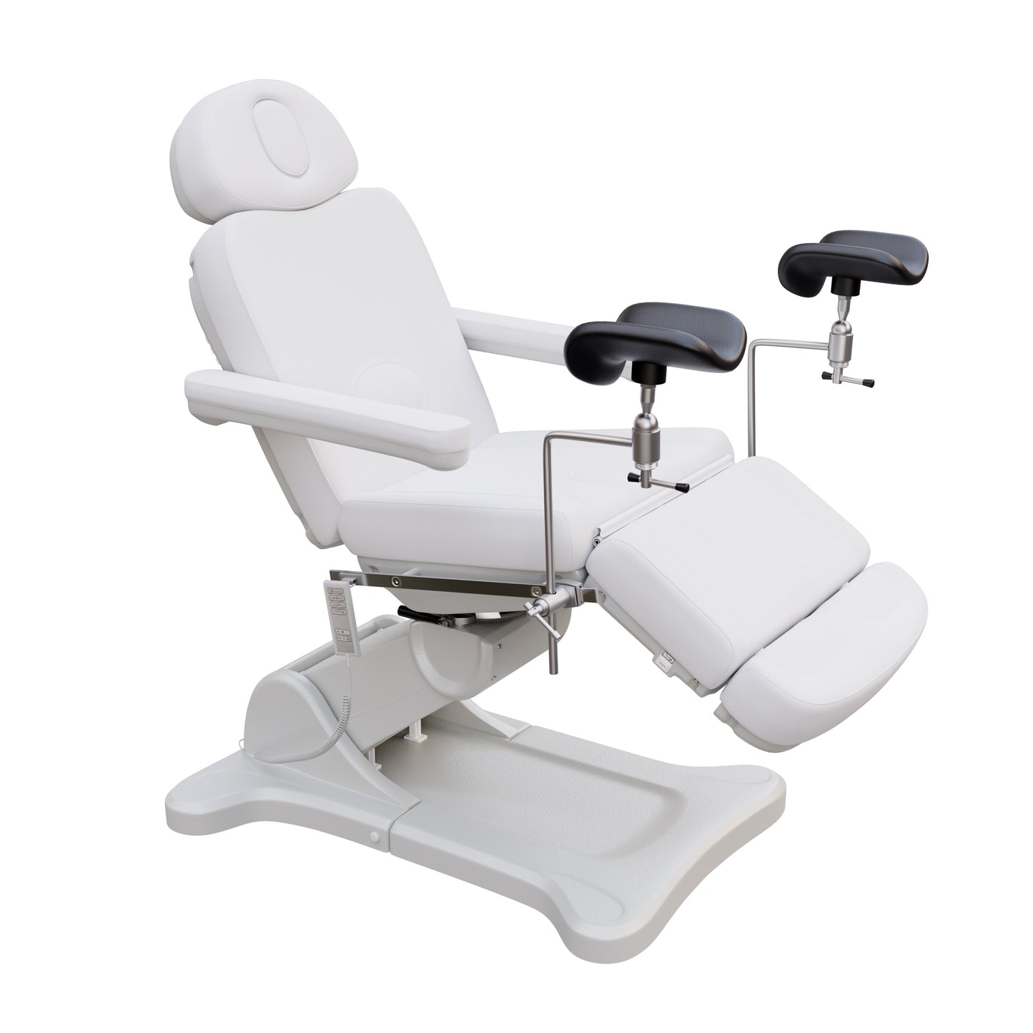 Fully electric OB-GYN exam and procedure table by Spa Numa with 240° swivel rotation, removable stirrups, adjustable headrest, and PU vinyl upholstery.