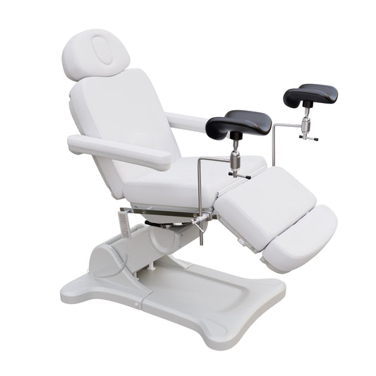 Fully electric OB-GYN exam and procedure table by Spa Numa with 240° swivel rotation, removable stirrups, adjustable headrest, and PU vinyl upholstery.