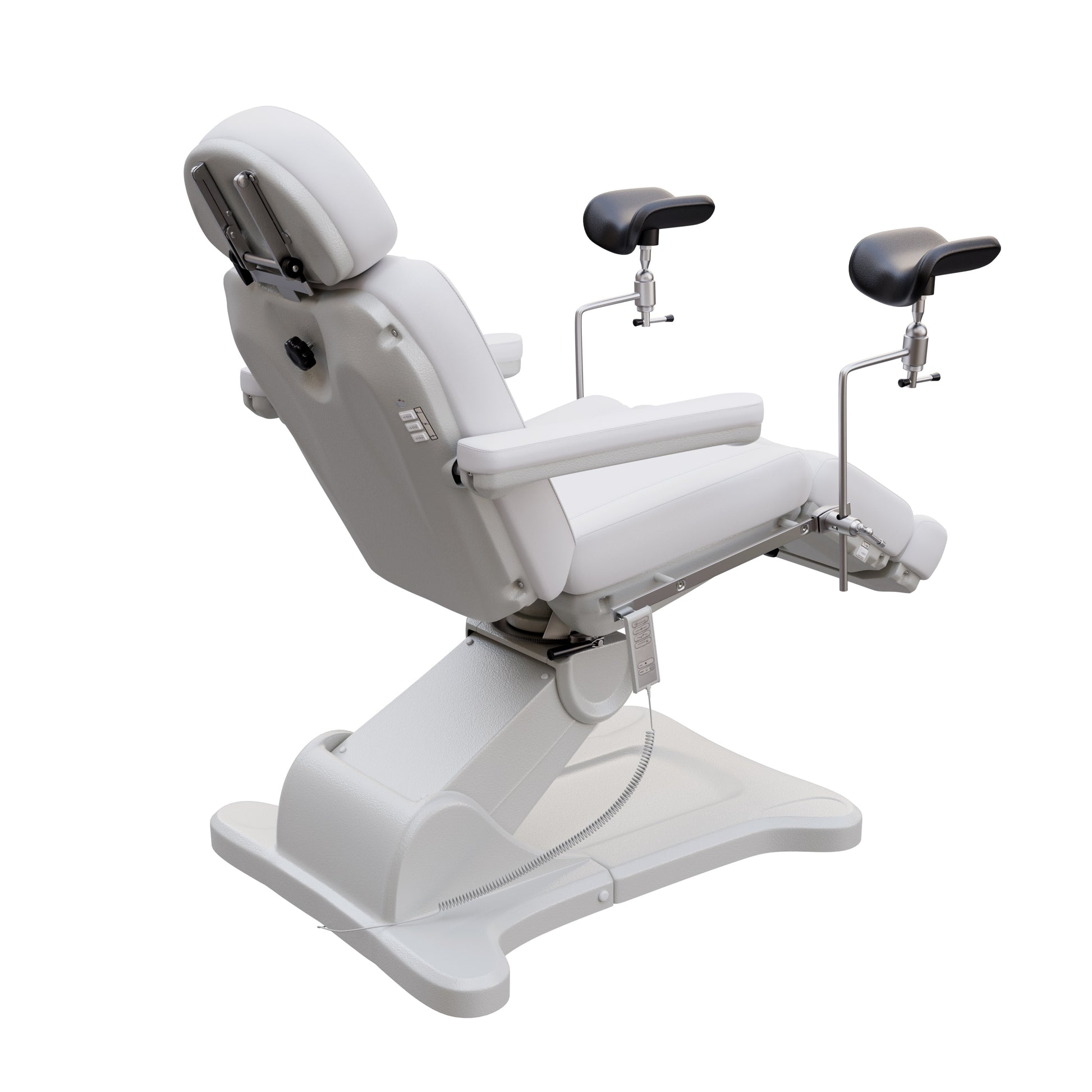 Fully electric OB-GYN exam and procedure table by Spa Numa with 240° swivel rotation, removable stirrups, adjustable headrest, and PU vinyl upholstery.