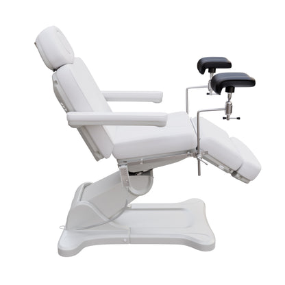 Fully electric OB-GYN exam and procedure table by Spa Numa with 240° swivel rotation, removable stirrups, adjustable headrest, and PU vinyl upholstery.
