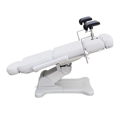 Fully electric OB-GYN exam and procedure table by Spa Numa with 240° swivel rotation, removable stirrups, adjustable headrest, and PU vinyl upholstery.