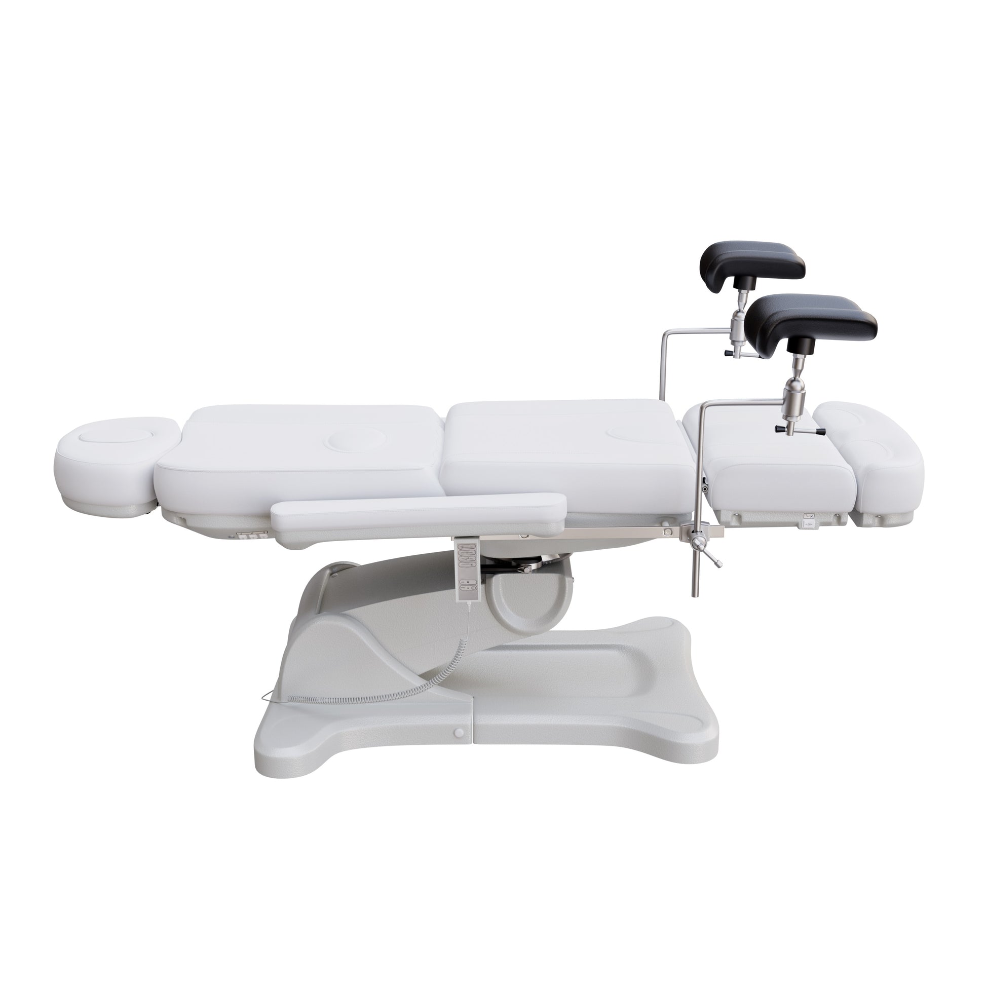 Fully electric OB-GYN exam and procedure table by Spa Numa with 240° swivel rotation, removable stirrups, adjustable headrest, and PU vinyl upholstery.