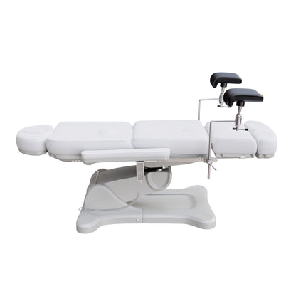Fully electric OB-GYN exam and procedure table by Spa Numa with 240° swivel rotation, removable stirrups, adjustable headrest, and PU vinyl upholstery.