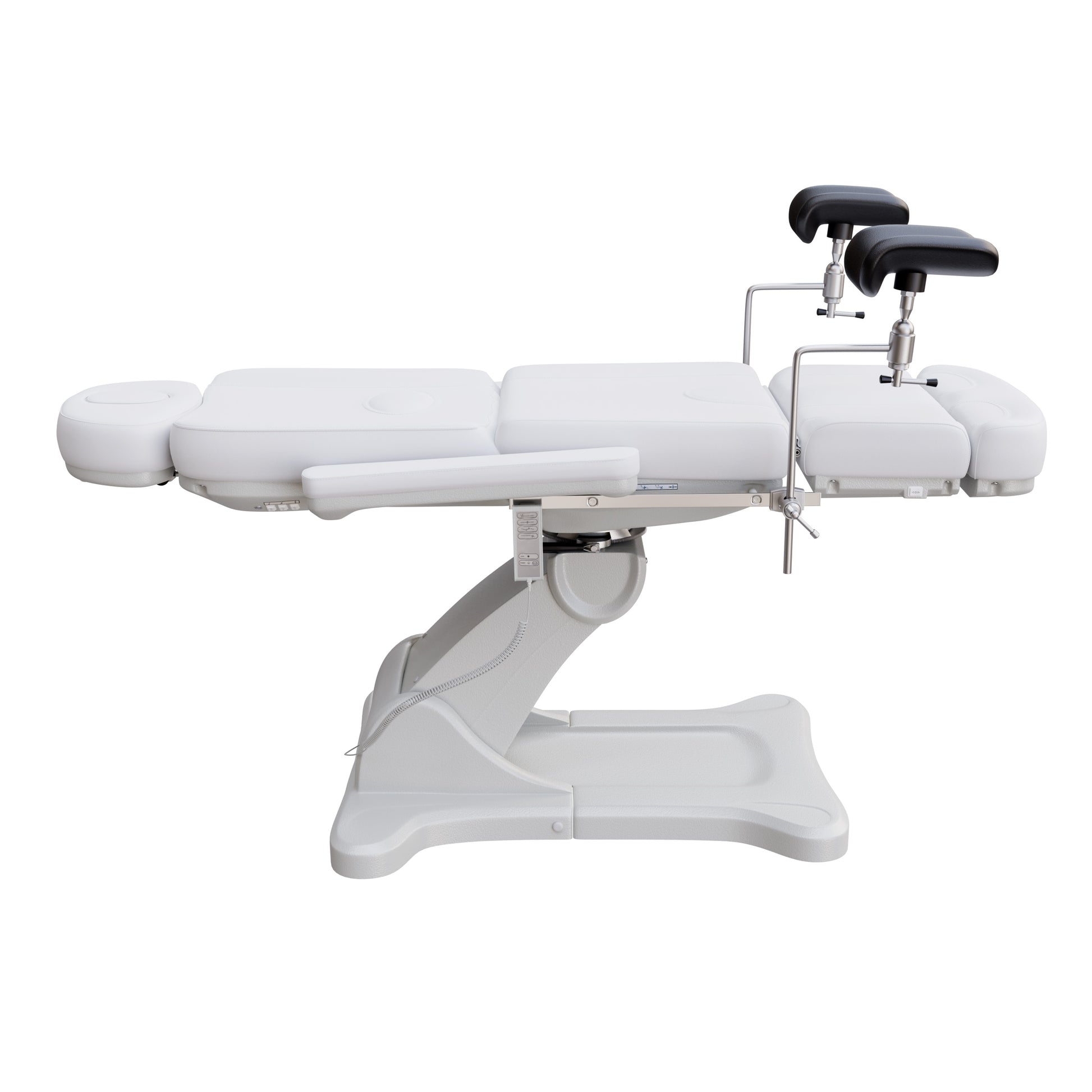 Fully electric OB-GYN exam and procedure table by Spa Numa with 240° swivel rotation, removable stirrups, adjustable headrest, and PU vinyl upholstery.