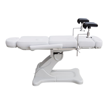 Fully electric OB-GYN exam and procedure table by Spa Numa with 240° swivel rotation, removable stirrups, adjustable headrest, and PU vinyl upholstery.