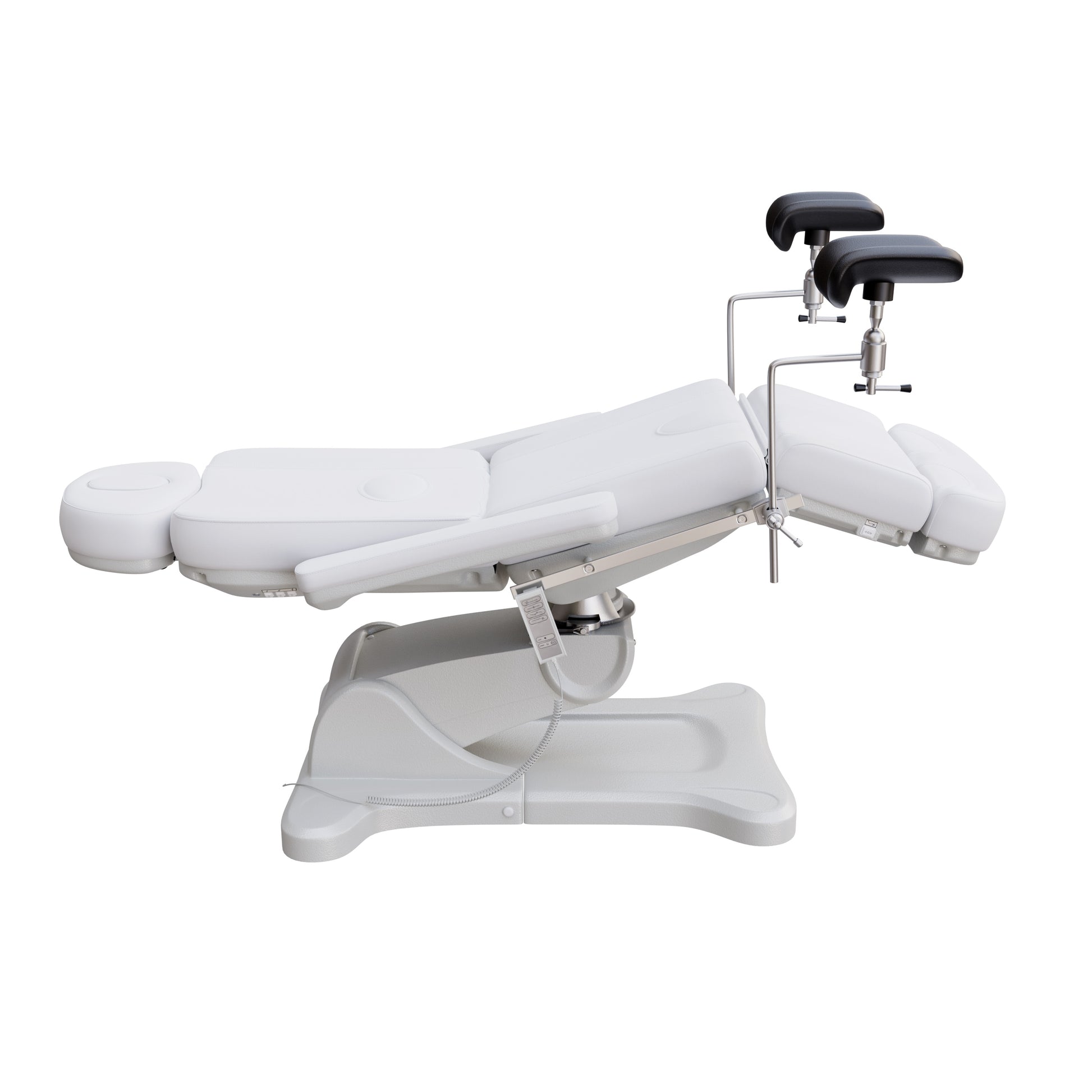 Fully electric OB-GYN exam and procedure table by Spa Numa with 240° swivel rotation, removable stirrups, adjustable headrest, and PU vinyl upholstery.
