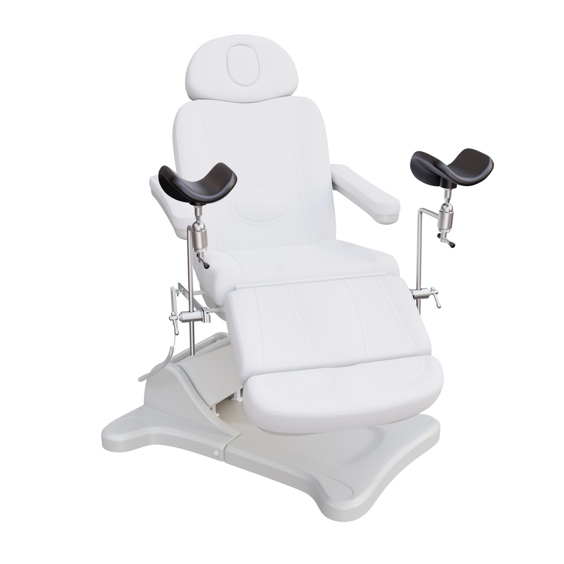 Fully electric OB-GYN exam and procedure table by Spa Numa with 240° swivel rotation, removable stirrups, adjustable headrest, and PU vinyl upholstery.