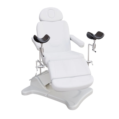 Fully electric OB-GYN exam and procedure table by Spa Numa with 240° swivel rotation, removable stirrups, adjustable headrest, and PU vinyl upholstery.