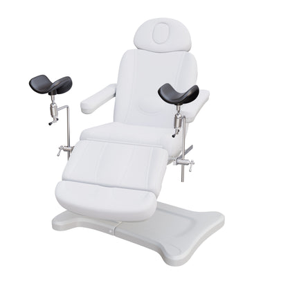 Fully electric OB-GYN exam and procedure table by Spa Numa with 240° swivel rotation, removable stirrups, adjustable headrest, and PU vinyl upholstery.