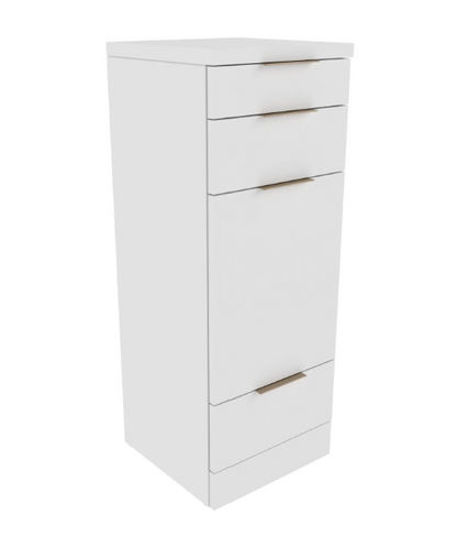 A tall, narrow white storage cabinet with four drawers and slim horizontal metallic handles, shown on a plain white background.