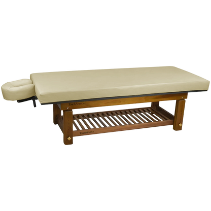 TouchAmerica Solterra teak massage table with reinforced frame for stability and comfort