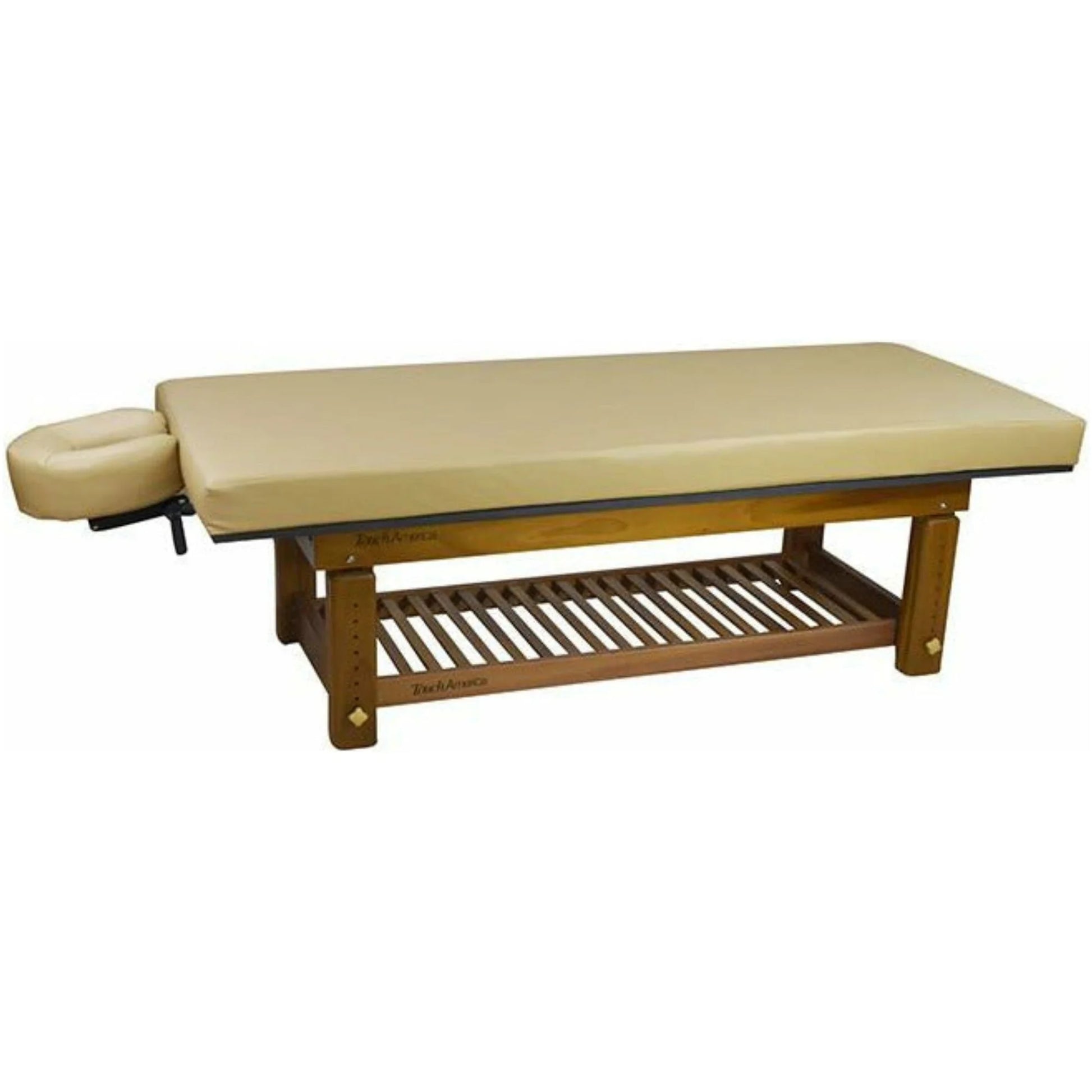 TouchAmerica Solterra teak massage table with reinforced frame for stability and comfort
