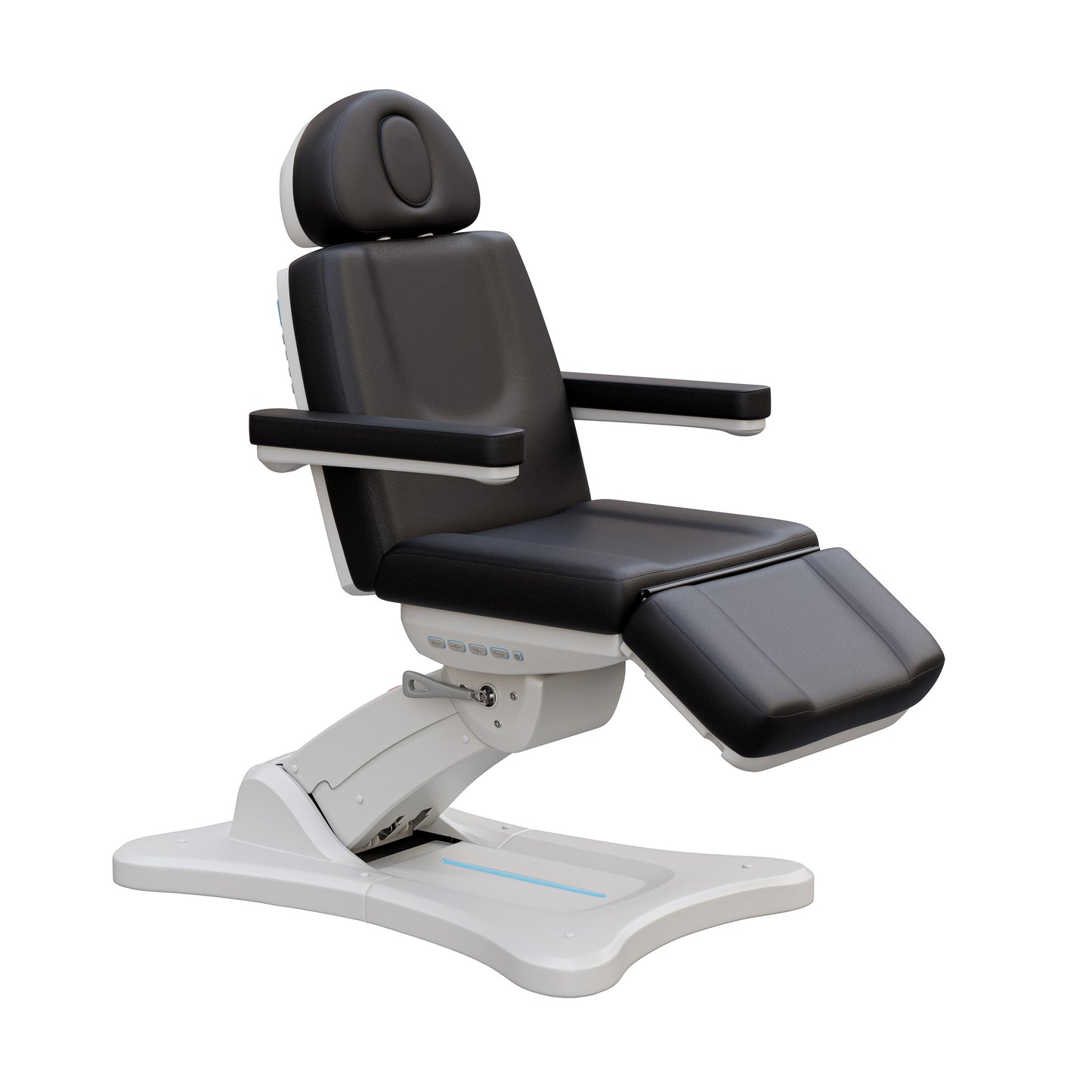 Spa Numa SERENITY 4 motor electric treatment chair in medical black vegan leather with 240-degree rotation, ADA-compliant 20-inch seat height, adjustable headrest, removable armrests, and LED-lit controls—ideal for aesthetic procedures, post-op evaluations, and outpatient treatments.
