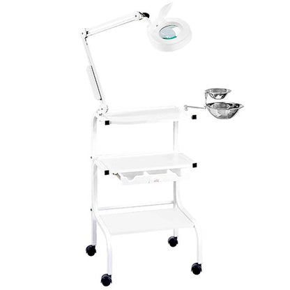 White rolling spa trolley table with drawers and storage compartments