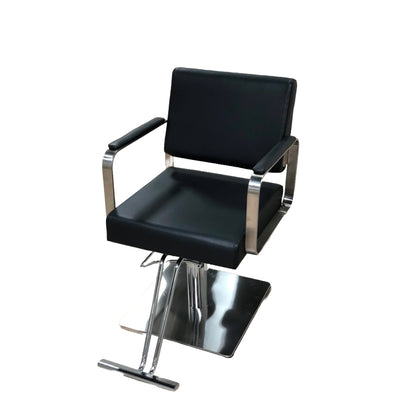 PRIMUS Professional Styling Chair with Square Base - Sleek Black with Silver Armrests, Hydraulic Lift, and 360-Degree Rotation for Modern Salons - YC-H-1189BKS