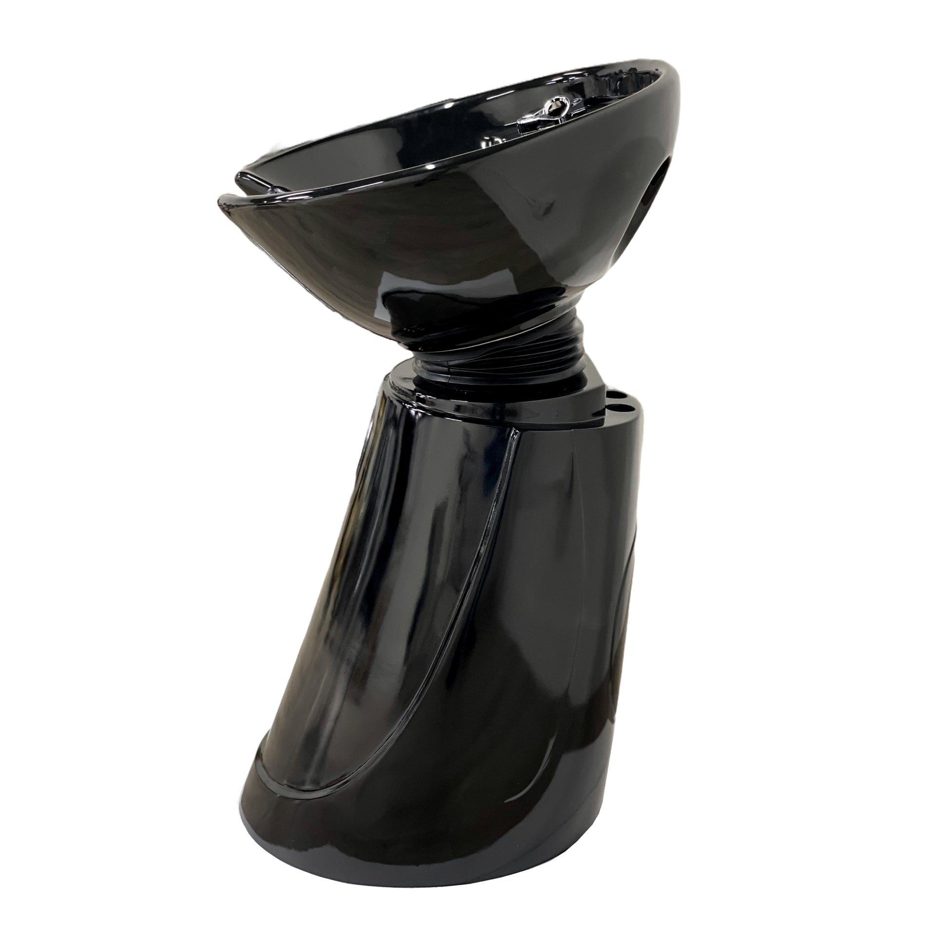 Stand-alone shampoo station with pedestal base and tilting porcelain basin