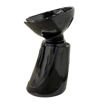 Stand-alone shampoo station with pedestal base and tilting porcelain basin