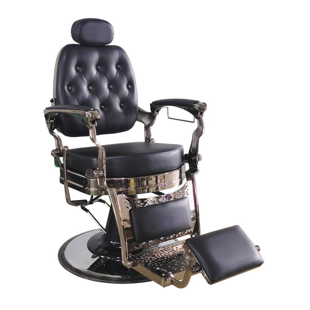 VISCONTE premium black barber chair with chrome finishes, heavy-duty hydraulic pump, adjustable recline, and 360-degree swivel for professional barbershops