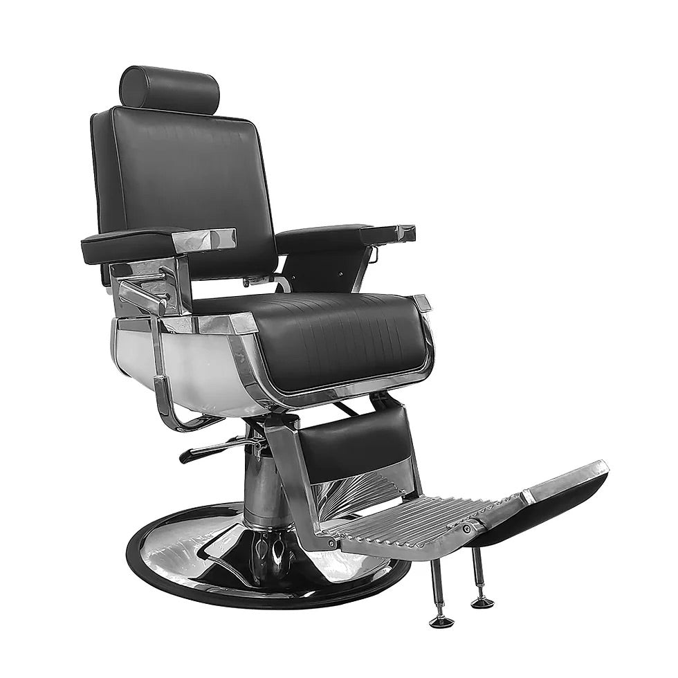 TRIBUNE barber chair in sleek black with silver finishes, modern adjustable salon chair for professional barbershops