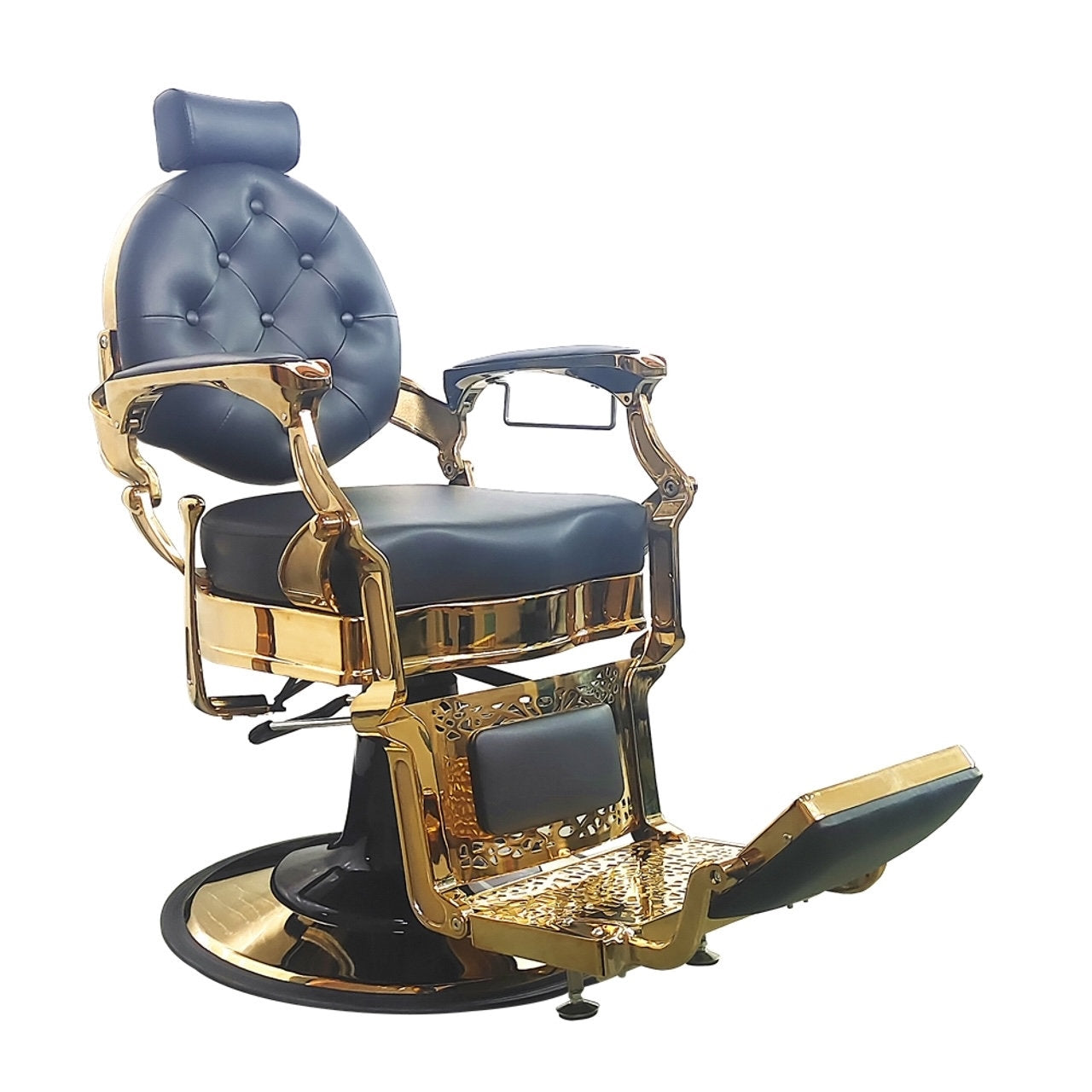 REGENT Barber Chair in luxurious black and gold with vintage-modern design, premium salon furniture