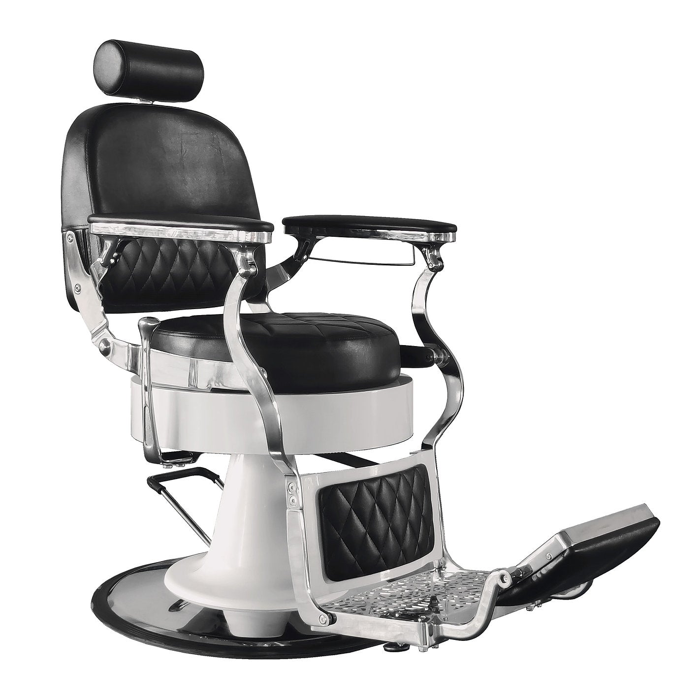 ORION Barber Chair – sleek black barber chair with white accent and silver finishes, modern adjustable round salon chair