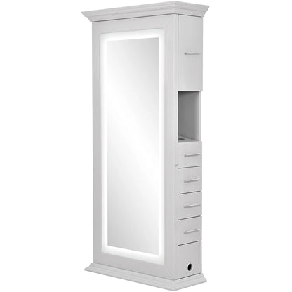 White jewelry armoire with mirror on a white background
