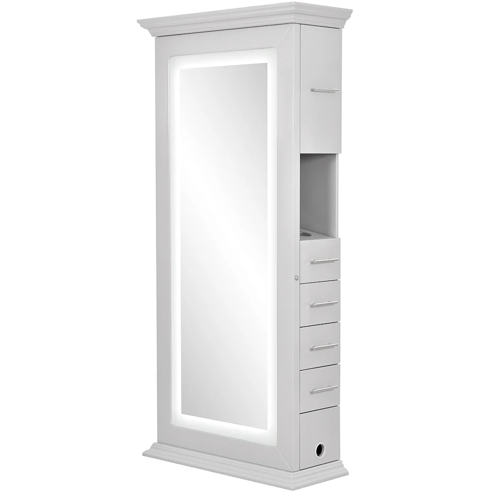 White jewelry armoire with mirror on a white background