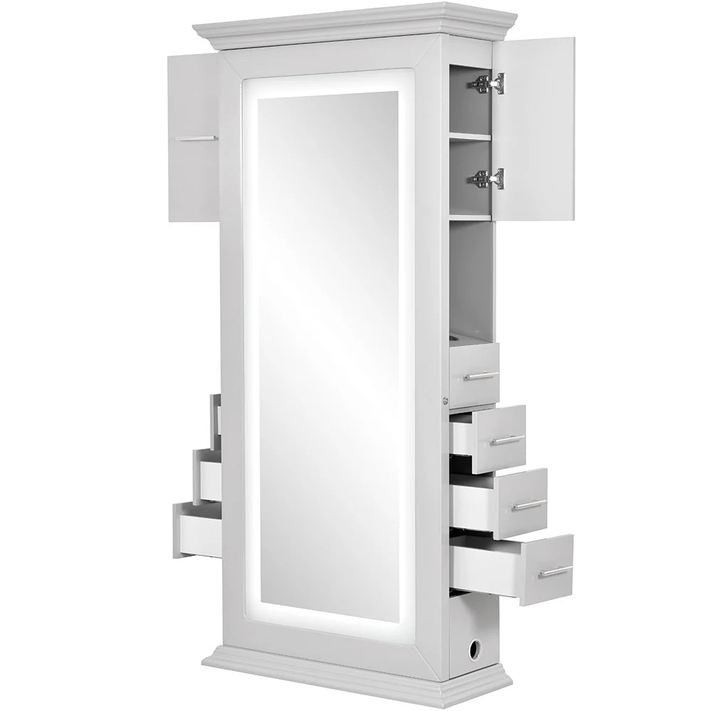 White jewelry armoire with mirror and drawers on a white background