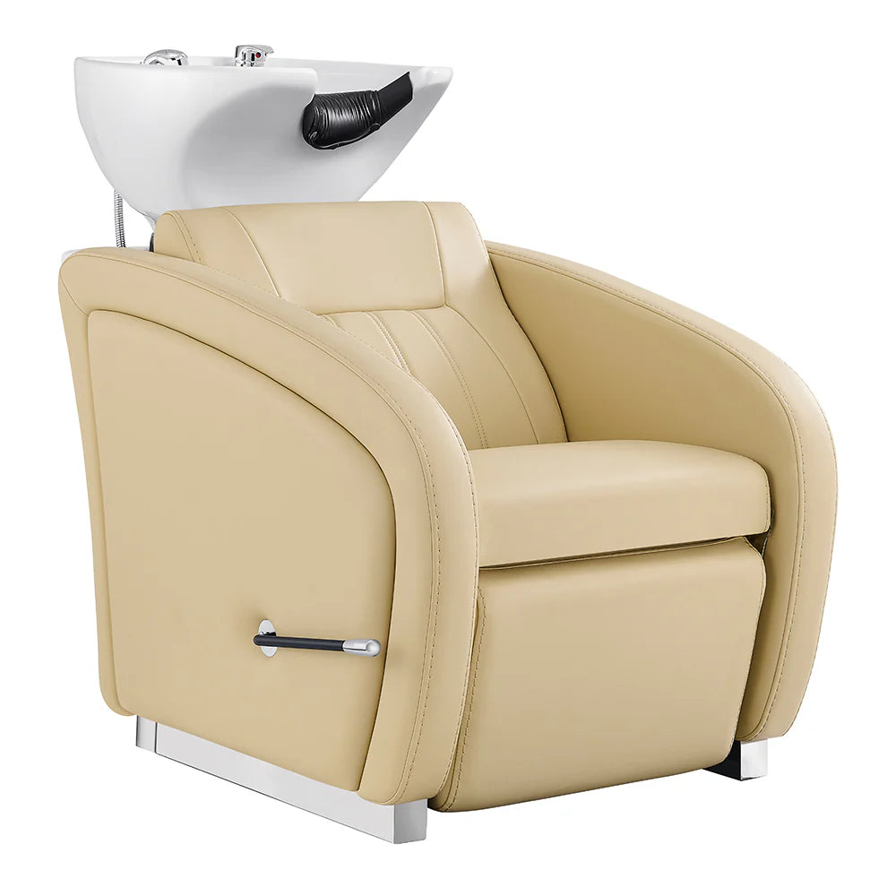 Beige salon chair with a white basin on a white background