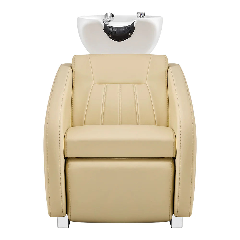 Beige salon chair with a white basin on a white background