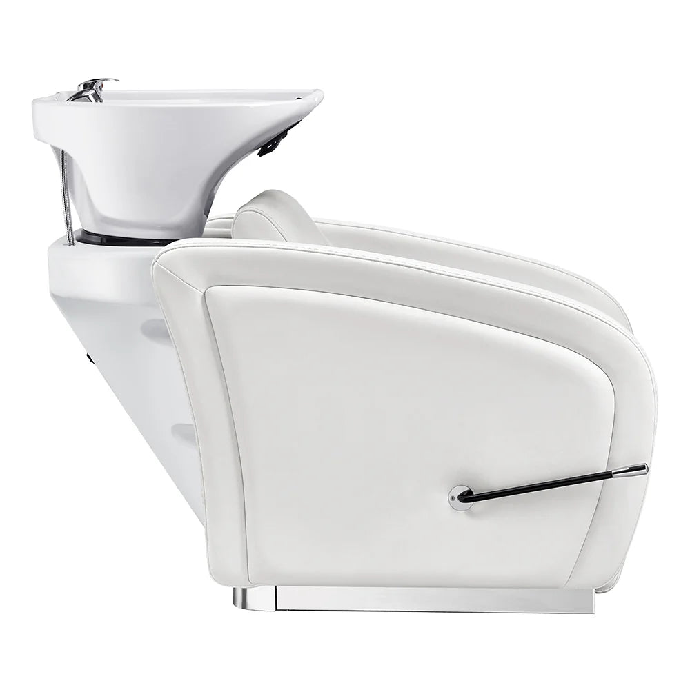 White salon chair with built-in sink on a white background