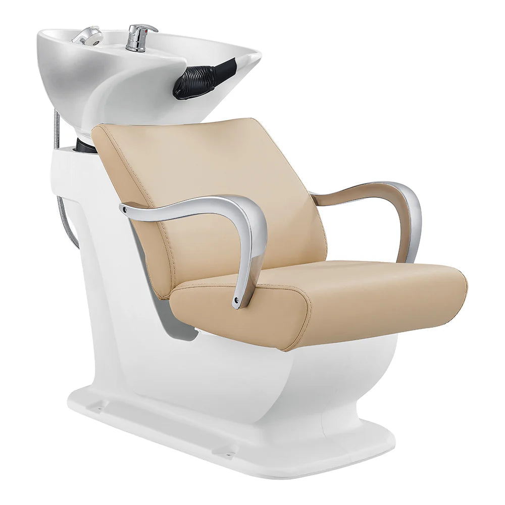 Beige salon chair with white basin and sink on a white background