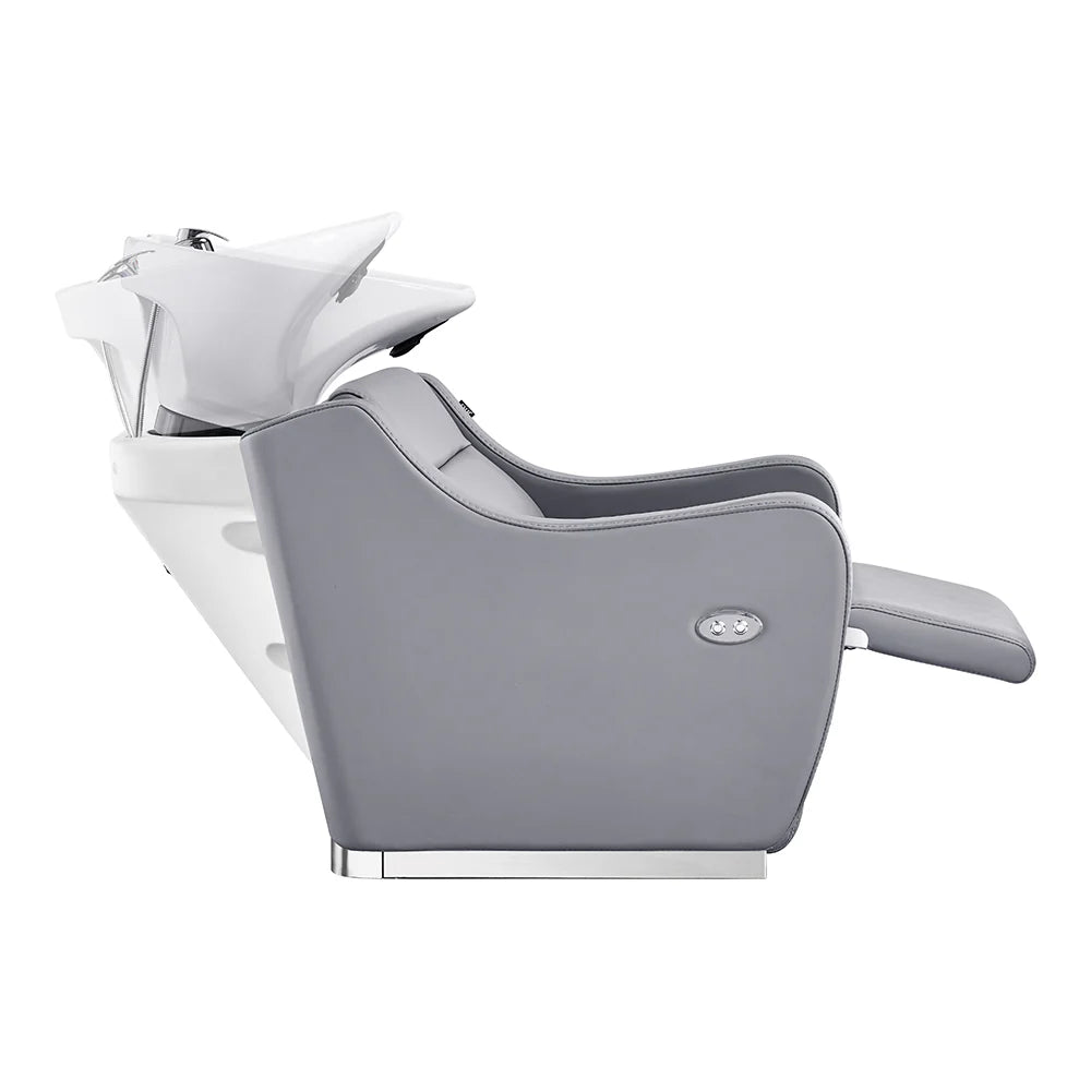 Gray and white car seat with headrest on a white background