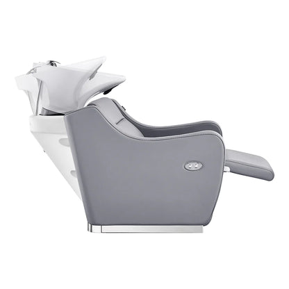 Gray and white car seat with headrest on a white background