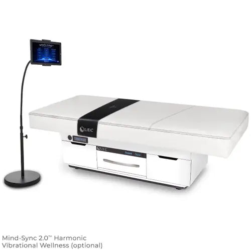 Ergonomic dual-pedestal spa bed by Living Earth Crafts with integrated digital warming drawer
