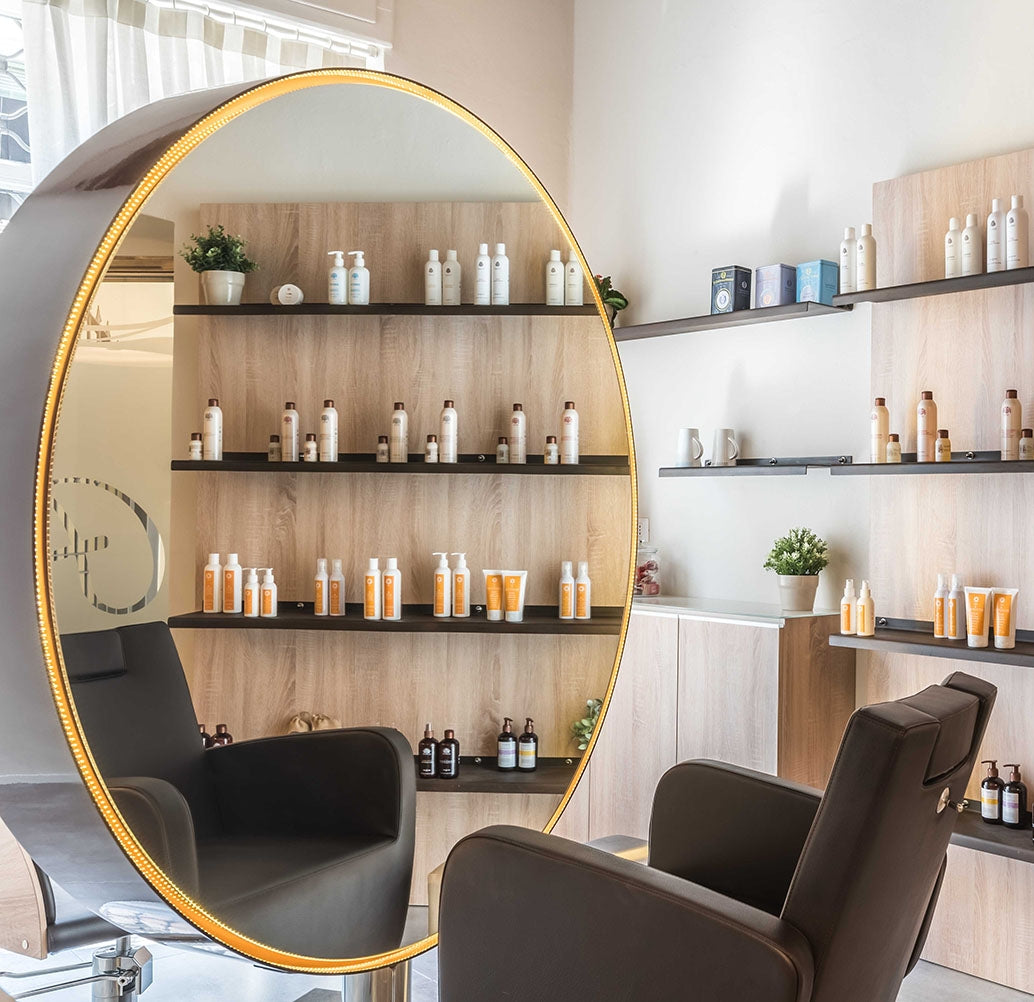 Luxury salon island styling unit with two seating positions – Gamma & Bross Spa Timegate model