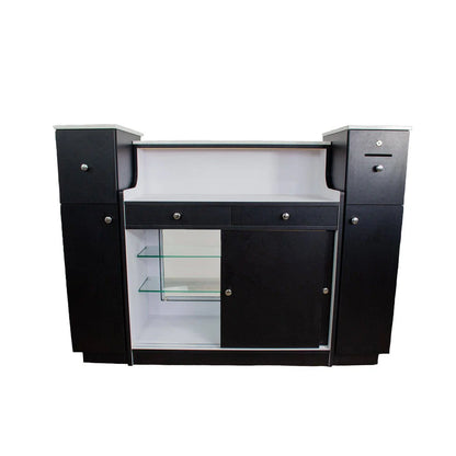 Contemporary AYC Sonoma salon reception station featuring glass display shelves