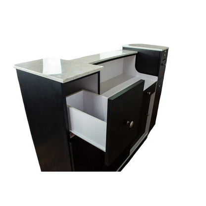 Contemporary AYC Sonoma salon reception station featuring glass display shelves