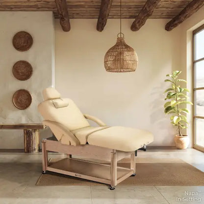 Luxury spa treatment table with manual tilt and storage shelf base