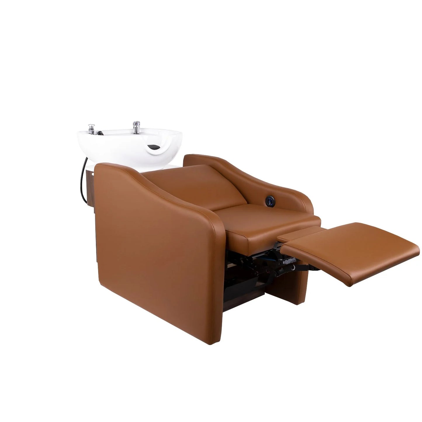 Brown salon chair with a white basin on a white background
