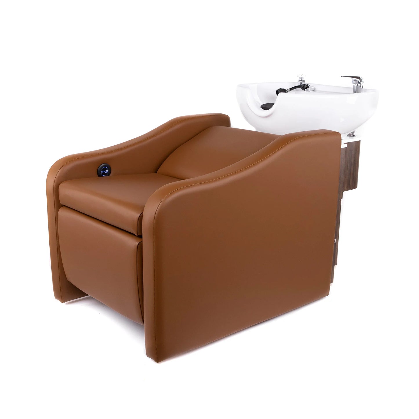 Brown salon chair with white sink on a white background