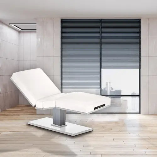 Living Earth Crafts Pedestal Manual Tilt Electric Lift Table in luxury spa setting