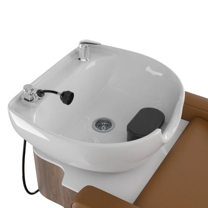 White hair washing basin with brown chair on a white background