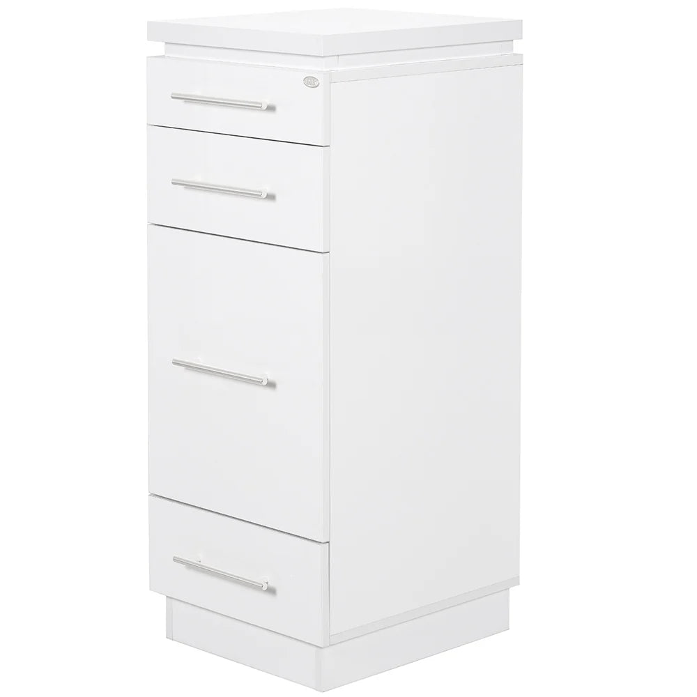 White cabinet with three drawers on a white background